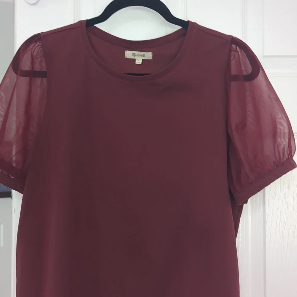 Madewell Maroon Sheer Puff Sleeve Large Top - Picture 2 of 5